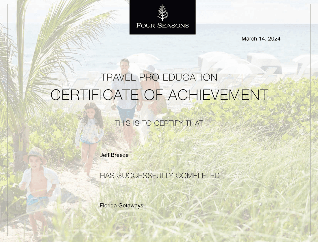 Four Seasons certificate of achievement - Florida Getaways