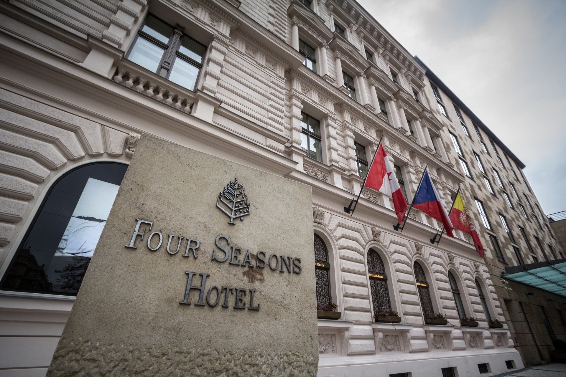 Four Seasons logo on their main hotel in Prague. Four Seasons  is a Canadian brand, owner and franchise of luxury hotels.