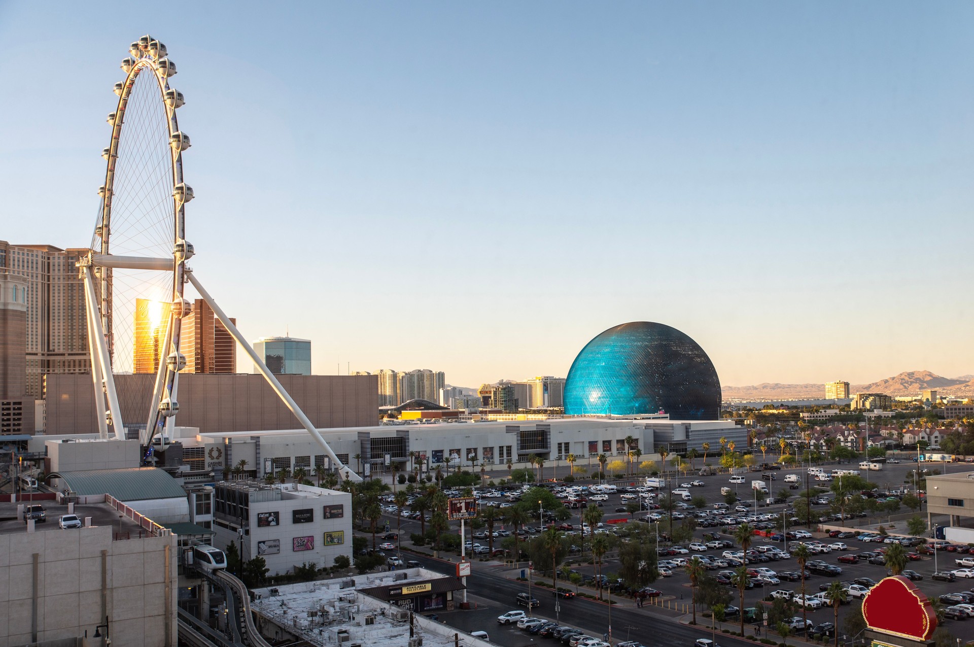 View of Las Vegas city at sunset from strip hotel room
